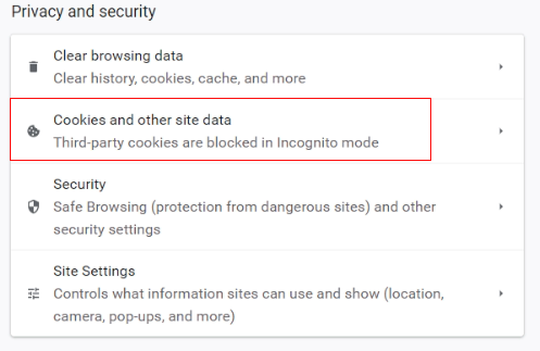 Cookies and other site data