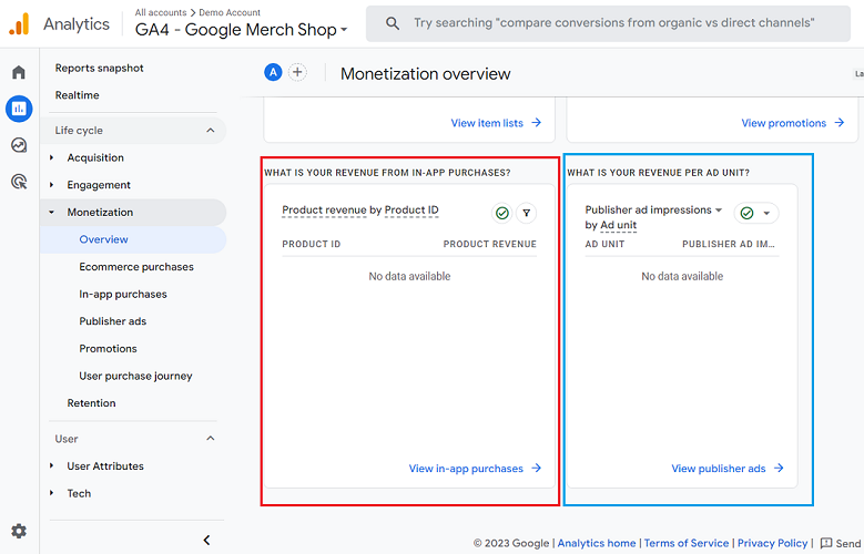 The bottom part of the Monetization overview report