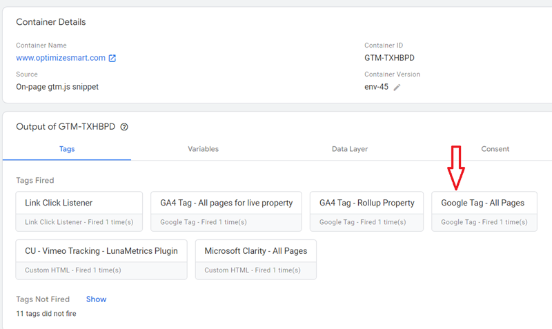 the ‘Tags Fired section