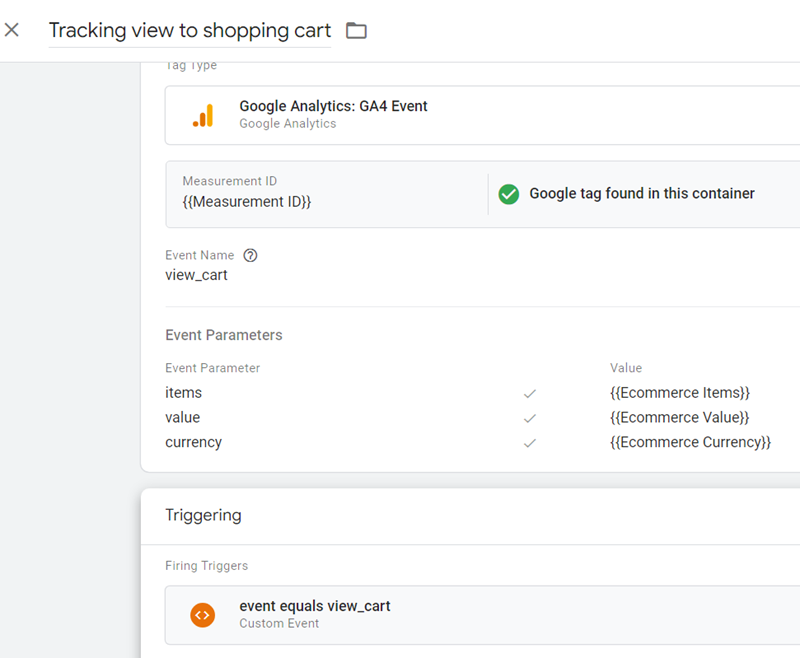 GA4 Ecommerce Tracking via GTM: Step-by-Step Setup Guide 20 Tracking view to shopping cart final tag configuration