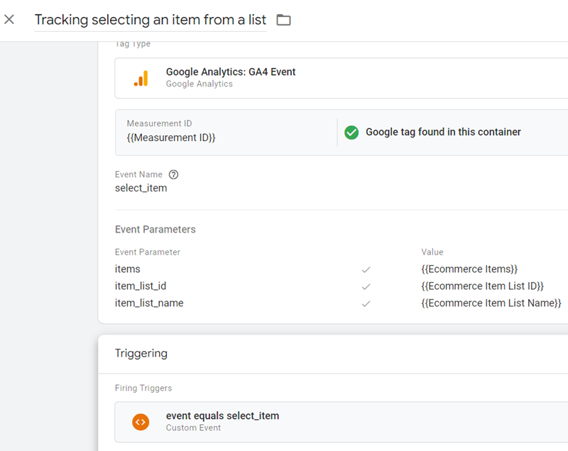 GA4 Ecommerce Tracking via GTM: Step-by-Step Setup Guide 8 Tracking selecting an item from a list final tag configuration