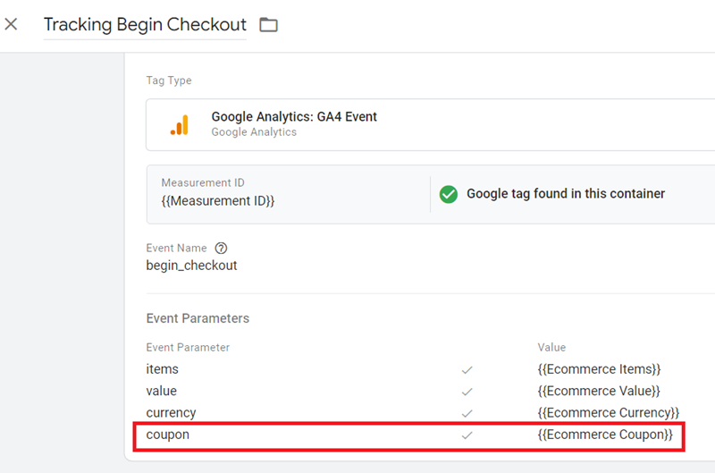 GA4 Ecommerce Tracking via GTM: Step-by-Step Setup Guide 33 Tracking coupons in GA4 tag configuration