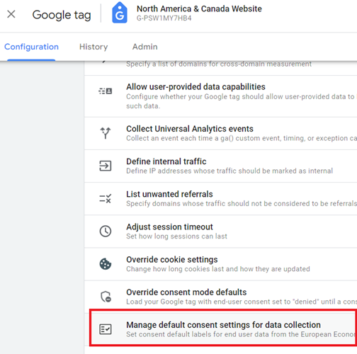 Manage default consent settings for data collection