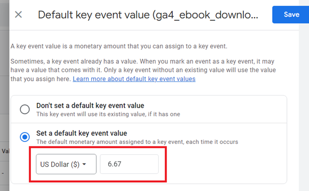 default value for a key event in GA4