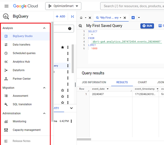 access the BigQuery menu