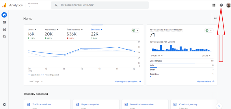 Navigate to the home report of ‘GA4 Google Merch Shop property