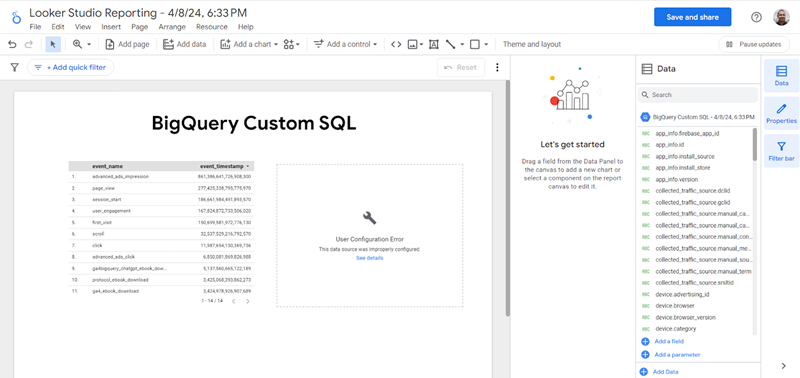 example of exported BigQuery data in Looker Studio