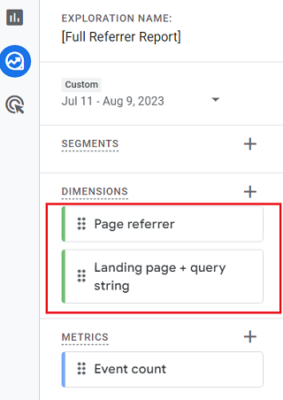 Use the Page referrer dimension along with the Landing page query string dimension