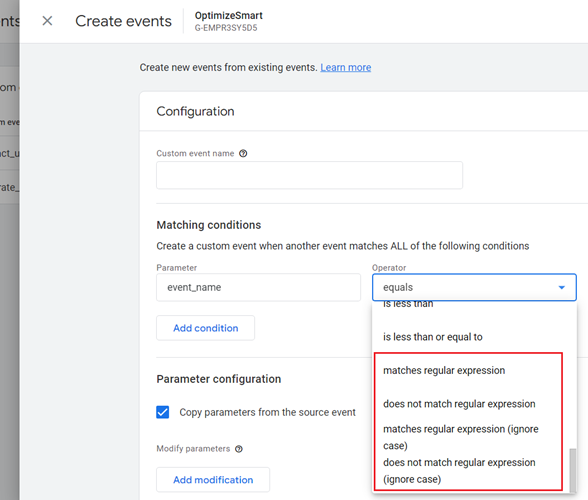 use regex while creating modifying events in the GA4