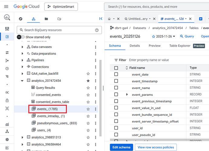 All the GA4 event data from the previous day