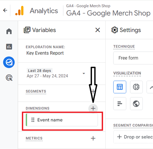 Add the ‘Event name dimension by clicking on the button