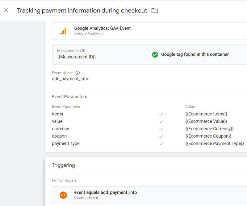 GA4 Ecommerce Tracking via GTM: Step-by-Step Setup Guide 41 Tracking payment information during checkout final tag configuration