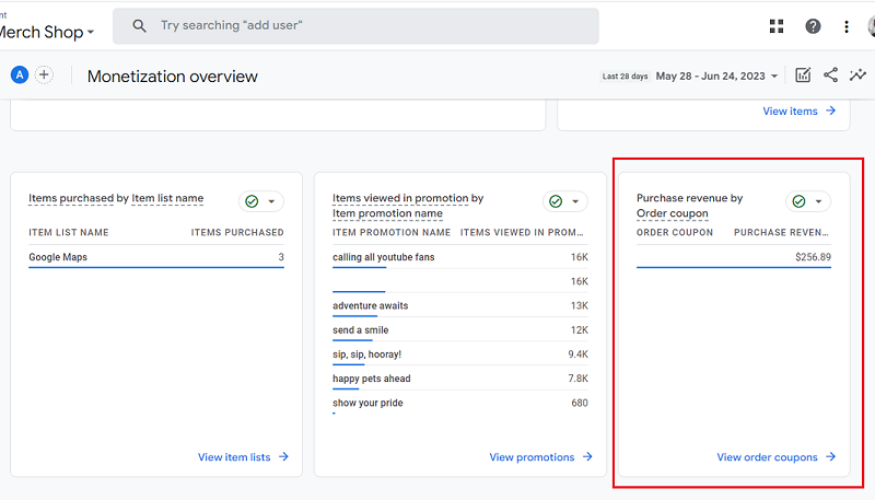 Purchase revenue by Order coupon ga4