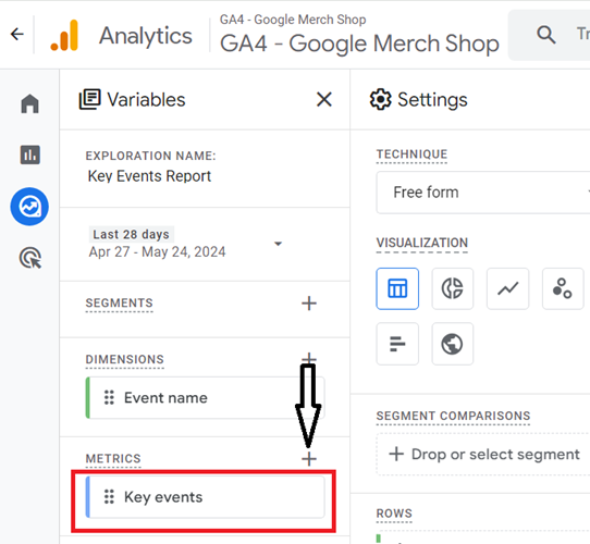 Add the ‘key events metric by clicking on the button