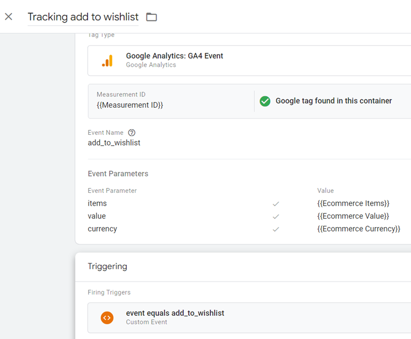 GA4 Ecommerce Tracking via GTM: Step-by-Step Setup Guide 17 Tracking add to wishlist final tag configuration