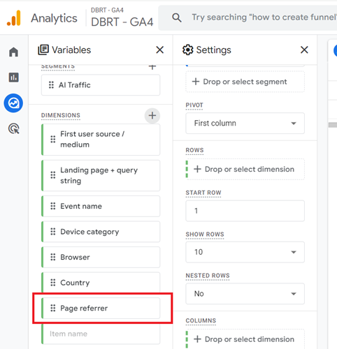Import the dimension ‘Page referrer to the report