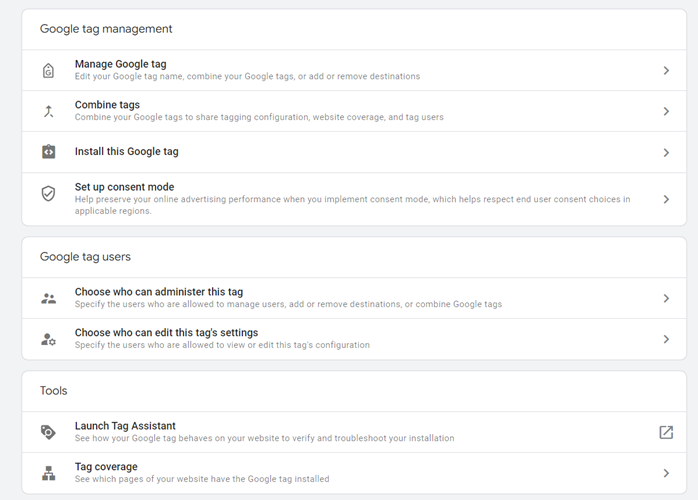 Managing the Google Tag includes