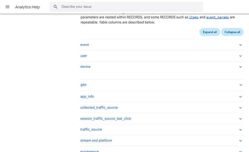 BigQuery Export schema help documentation from Google