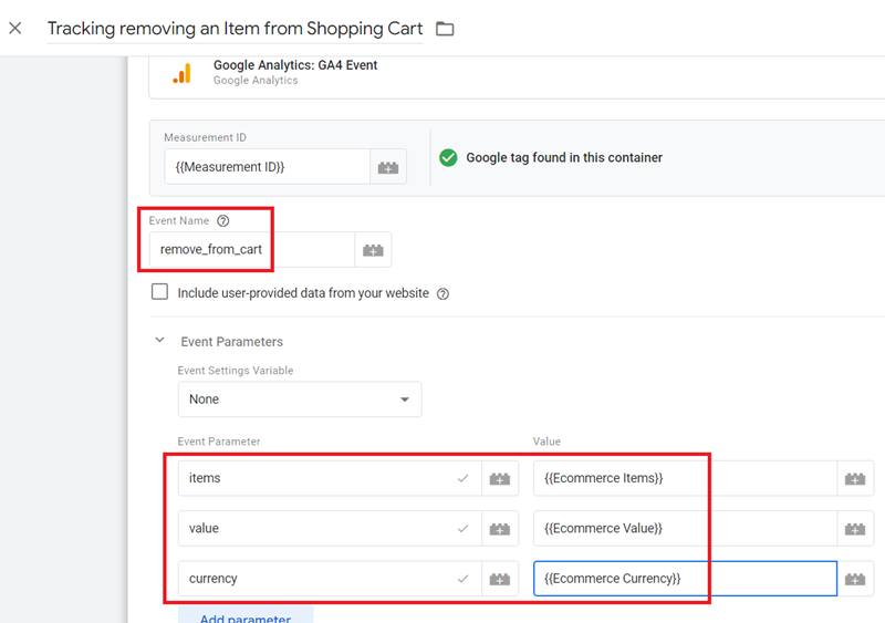 GA4 Ecommerce Tracking via GTM: Step-by-Step Setup Guide 21 Tracking removing an Item from Shopping Cart tag configuration