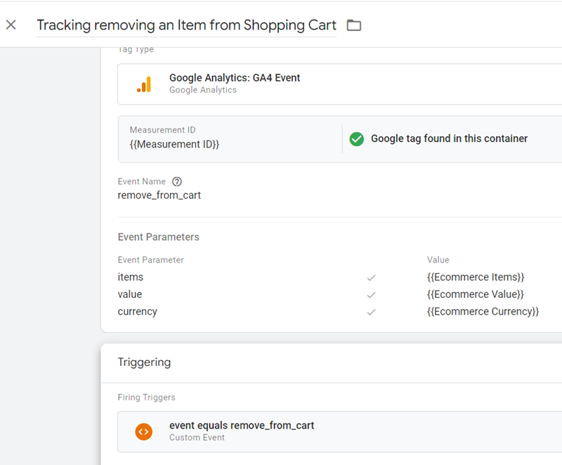 GA4 Ecommerce Tracking via GTM: Step-by-Step Setup Guide 23 Tracking removing an Item from Shopping Cart final tag configuration