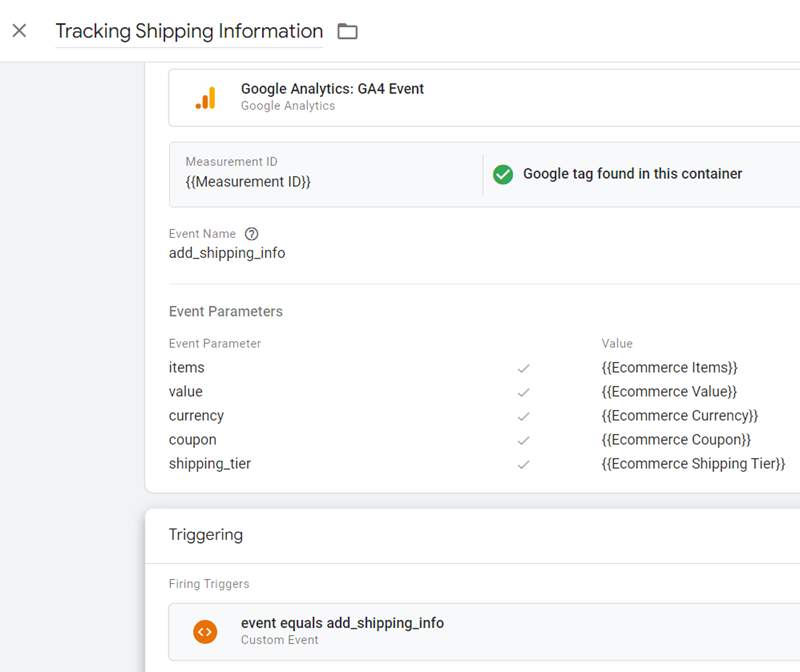 GA4 Ecommerce Tracking via GTM: Step-by-Step Setup Guide 38 Tracking Shipping Information final tag configuration