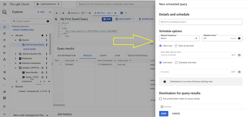 Enter the name for your scheduled query
