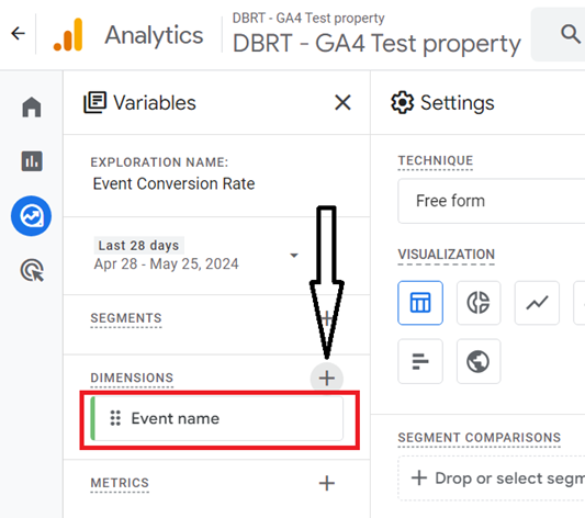 Import the ‘Event name dimension to the report