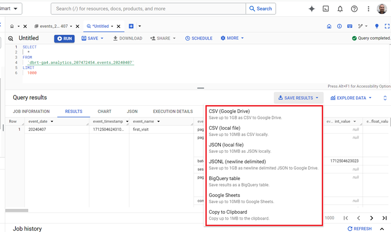 download your query results into CSV JSON BigQuery table or Google Sheets documents