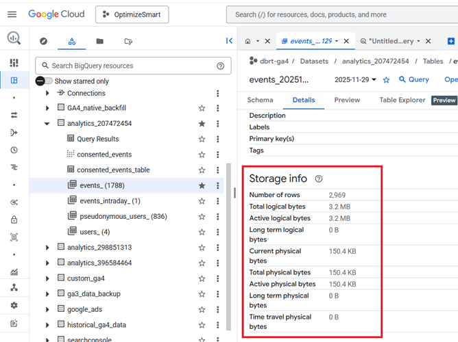 Look at the ‘Storage Info section to determine the size of your data table