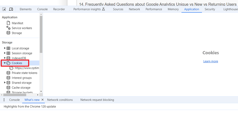 Expand the ‘Cookies dropdown under the ‘Storage section