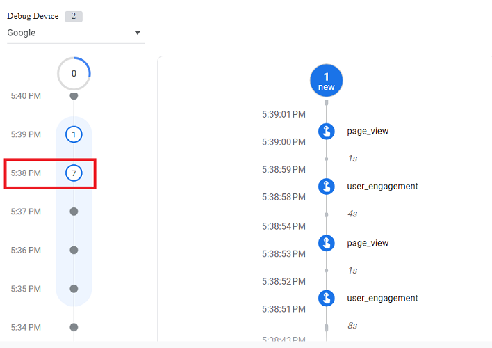 How to use DebugView report in Google Analytics 4 (GA4) 4 7 debugging events were recorded at 5 38 pm