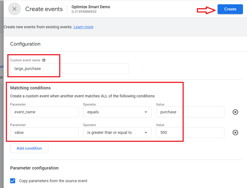 Create a new custom event named ‘large purchase