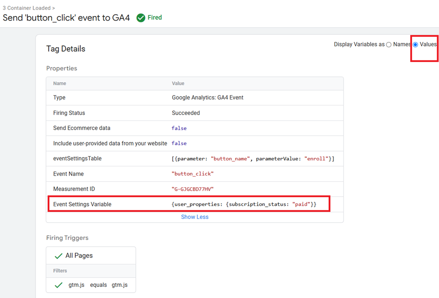 Check the value of the ‘Event settings variable in one or more GA4 event tags