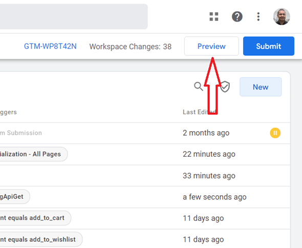 Click on the ‘Preview‘ button to preview your GTM container