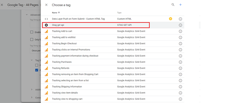 Click on the ‘Gtag get api‘ tag