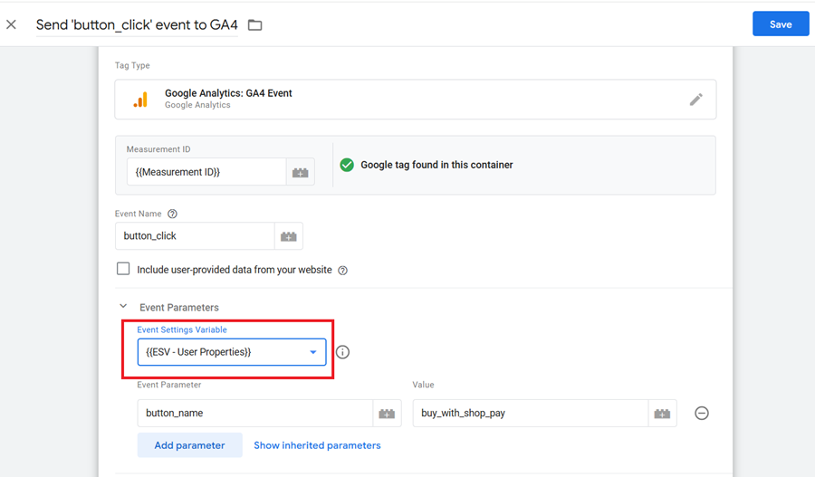 Add the Event Settings Variable to all GA4 event tags