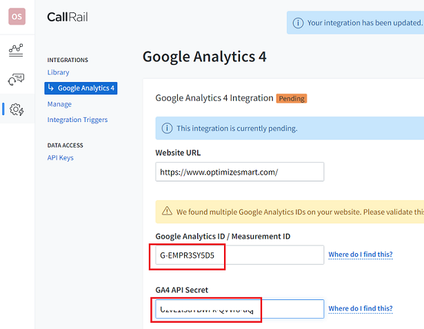GA4 measurement ID and GA4 API secret key