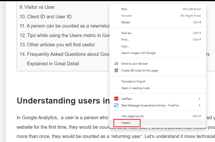 Right click on the web page and then select ‘Inspect