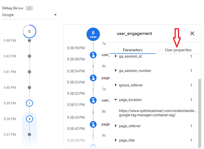 How to use DebugView report in Google Analytics 4 (GA4) 10 click on the ‘User Properties tab