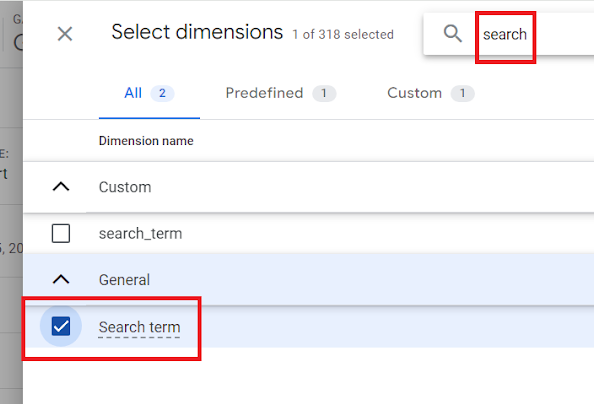 Search for the ‘Search Term dimension