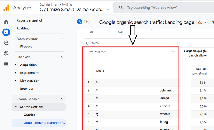 the top landing pages of your website in terms of organic search traffic