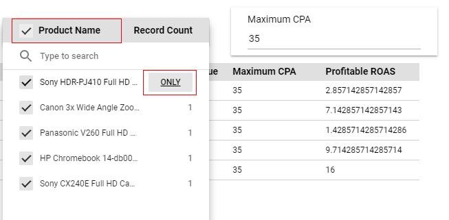 google data studio parameters select product