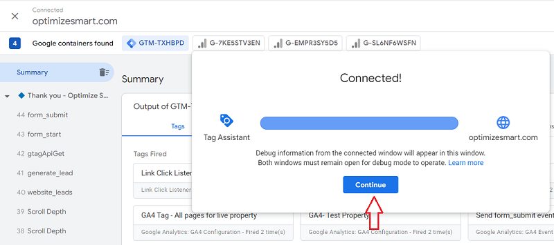Navigate back to the tag assistant window