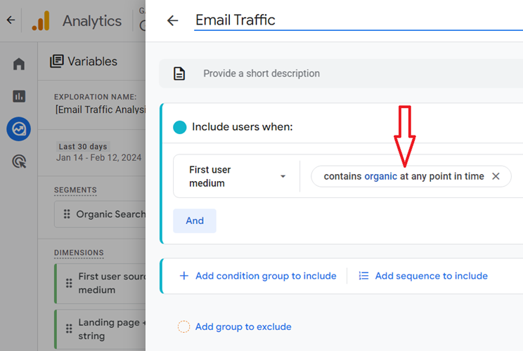 contains organic at any point in time ga4