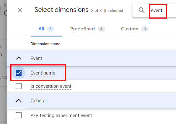 Search for the ‘Event Name dimension