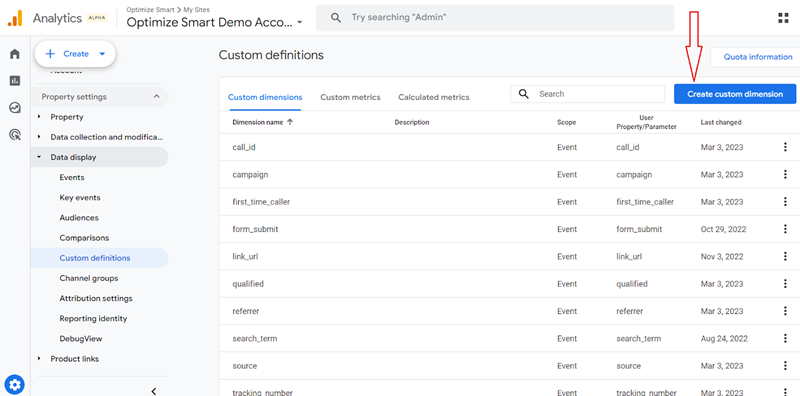 Click on the ‘Create custom dimension‘ button