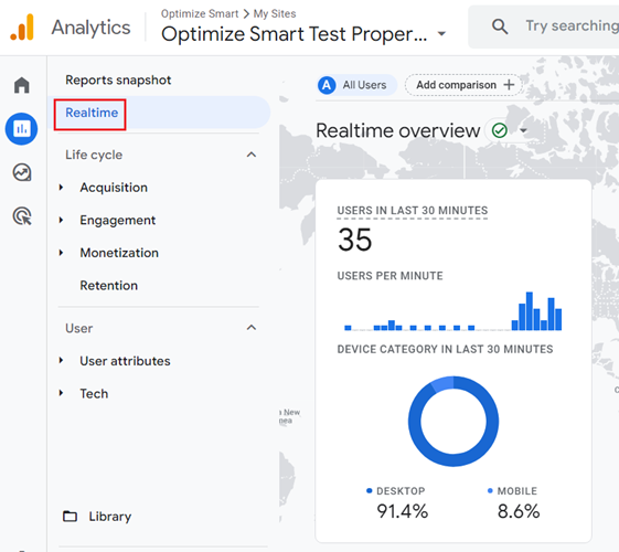 Navigate to the ‘Real time report of your GA4 test property