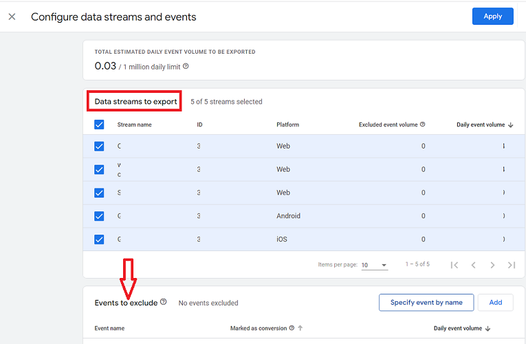 configure data streams and events