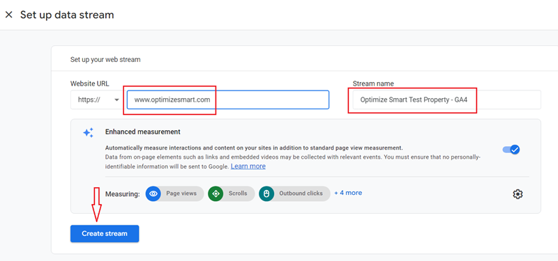 Enter your website URL and webstream name