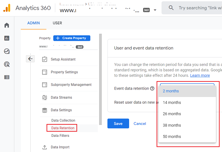 user and event data retention ga4 360